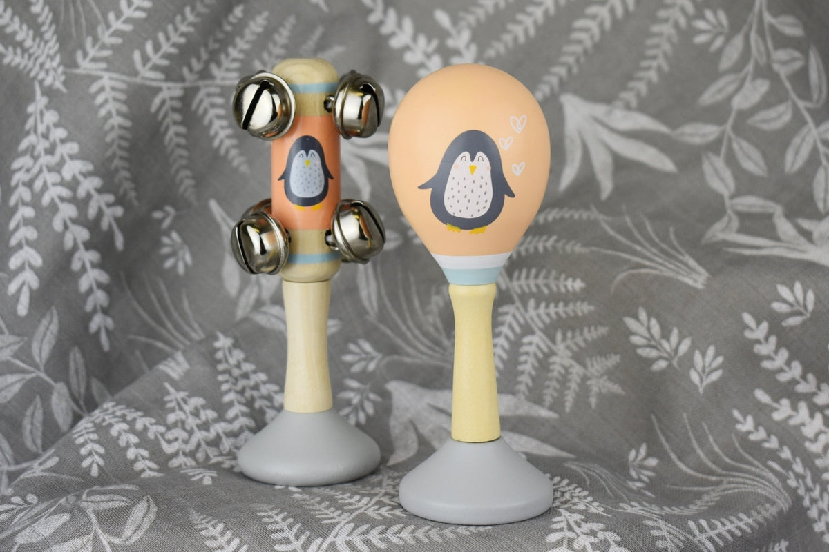 Kaper Kidz Calm & Breezy Penguin Wooden Maraca & Bell Musical Stick Toy Set 18m+ — image 3