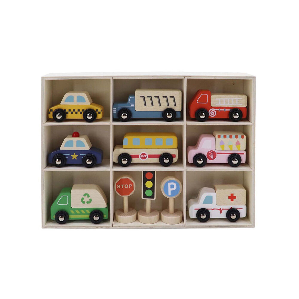 Kaper Kidz 3y+ Wooden Cars Transportation Box & Street Signs Kids Toy Set