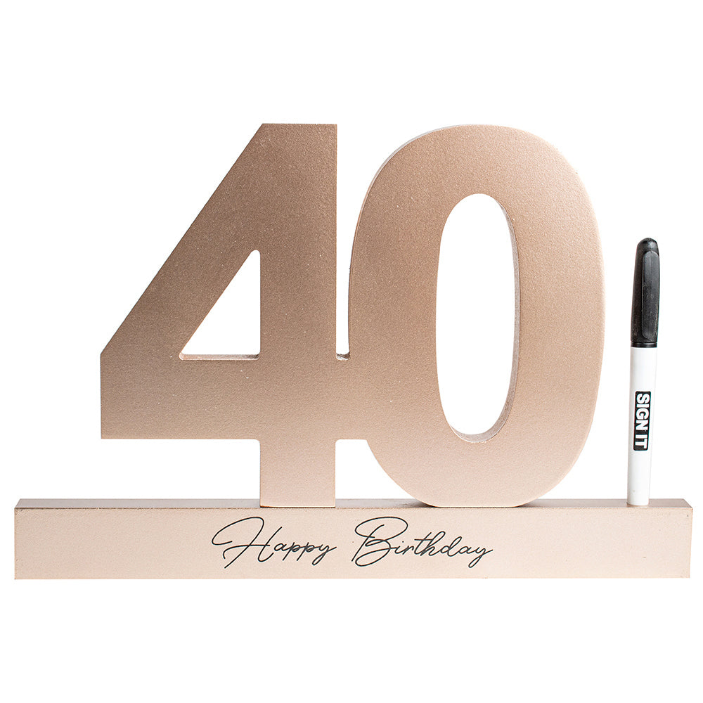 LMD 40th Rose Gold Signature Block Novelty Birthday Message Party Statue Set
