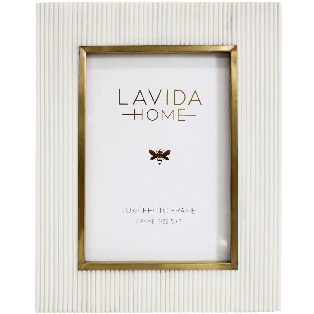 LVD 5x7 Photo Frame Brass Edge Picture Display Home/Room Tabletop Decor White