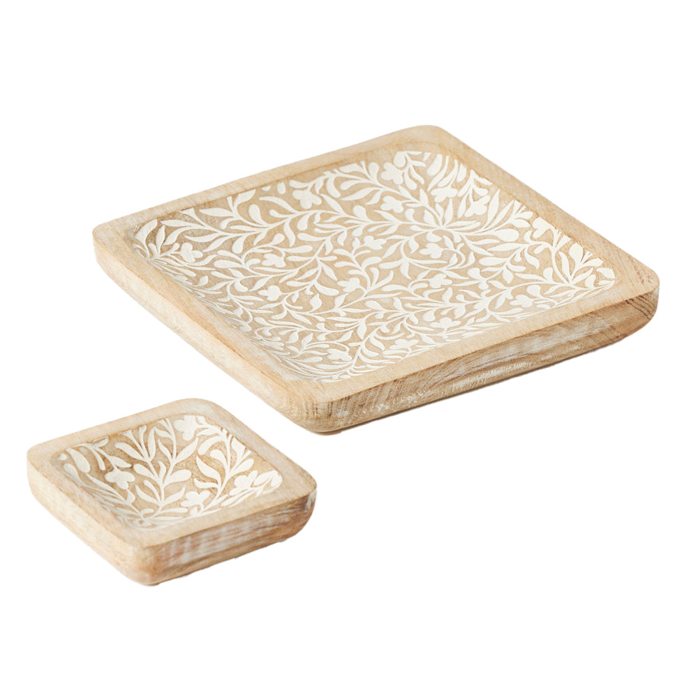 Pilbeam Living Wooden Ambretta Trinket Plates Set Home Decor White Wash (2 Pieces)