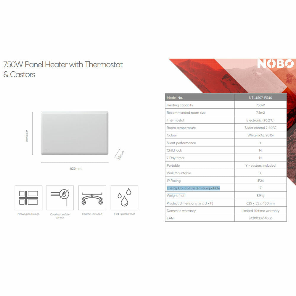 Nobo 750W Slimline Panel IP24 Portable Indoor Heater w/ Castors/Thermostat White — image 2