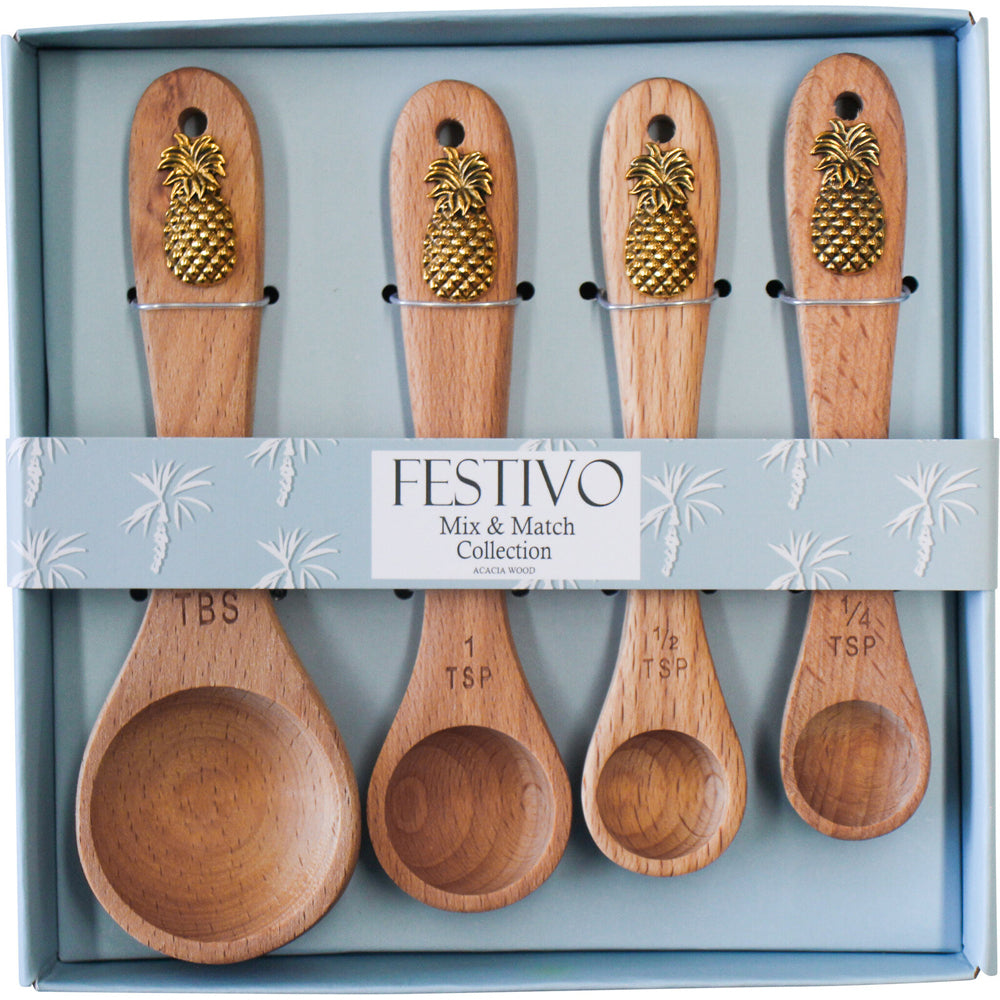 LVD Acacia/Metal Measuring Spoon Set Cooking/Baking Utensils Pineapple (4 Pieces)