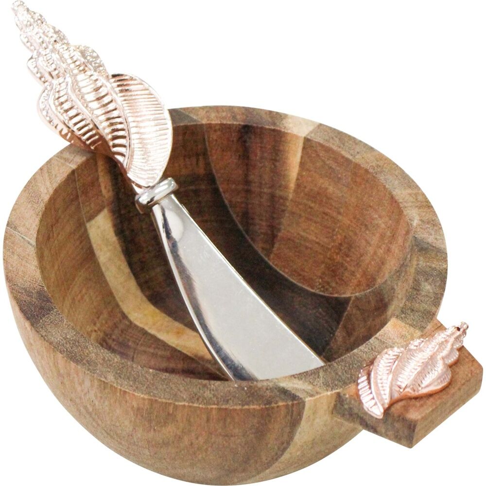 LVD Acacia Wood Round 14.5cm Food Bowl & Metal Shell Spreader Knife Cutlery Set (2 Pieces)