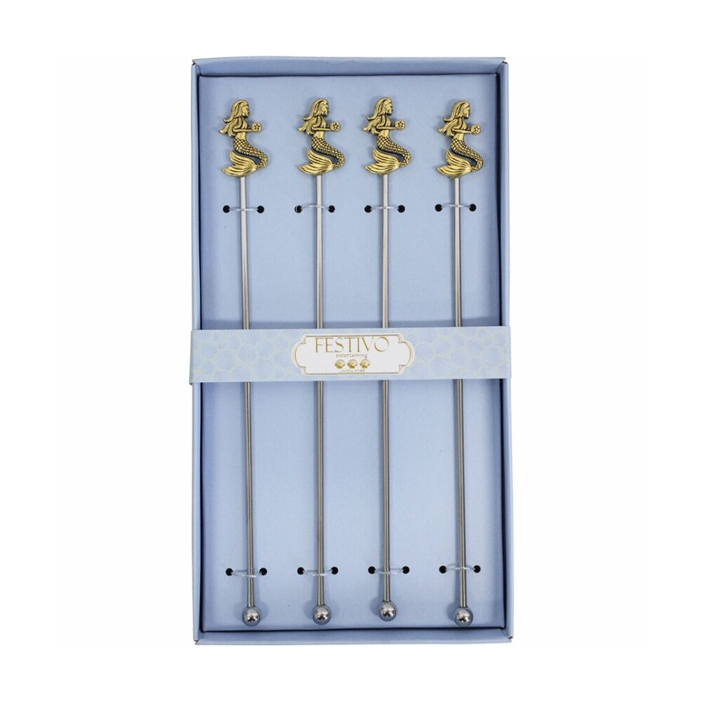LVD Metal 22cm Cocktail Stirrer Mermaid Mixing Bar Spoon Stick Set Silver/Gold (4 Pieces)