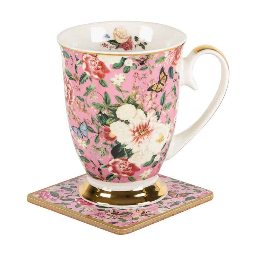 LMD Floral Garden Pink Flowers Decorative Ceramic Tea/Coffee Mug & Coaster Set 360ml