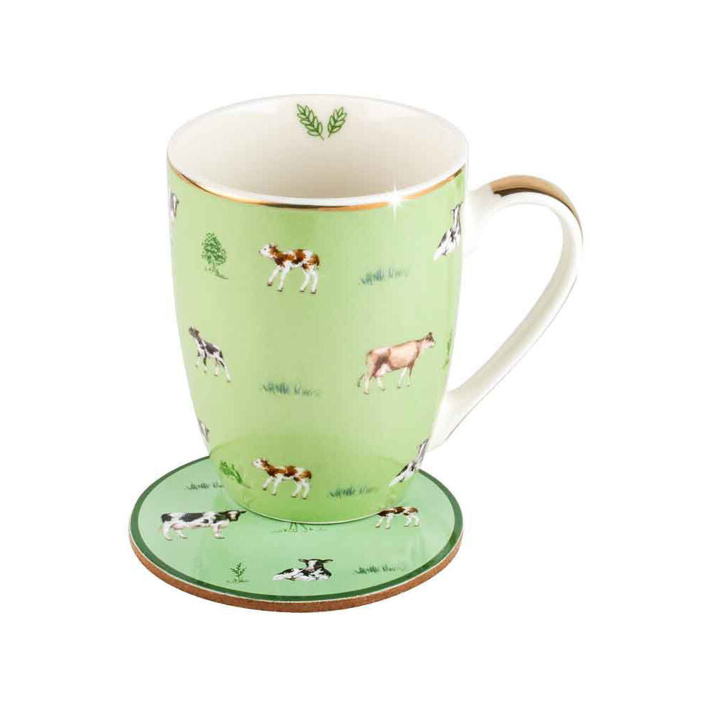 LMD Cows Farm Lane New Bone China Coffee Mug w/ Coaster 360ml Set Green
