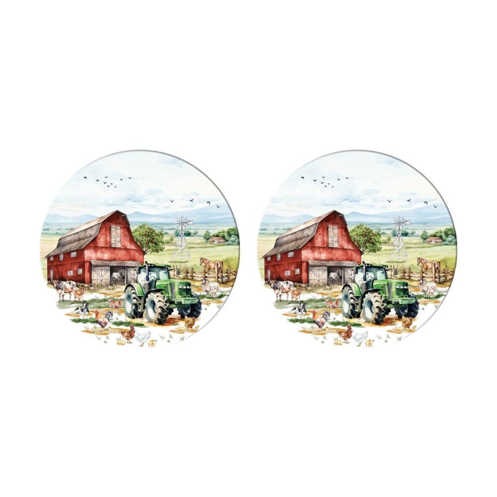 LMD Country Life Ceramic Surface Protector Decor Round 25cm Green Truck (2 Pack)