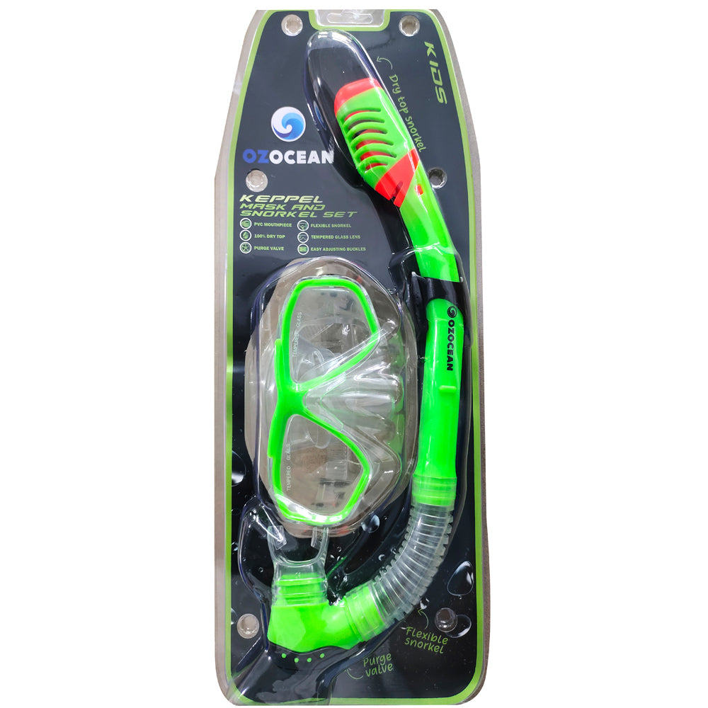 OZ Ocean Keppel Kids Swimming Adjustable Mask Goggles Snorkel Set Green (2 Pieces)