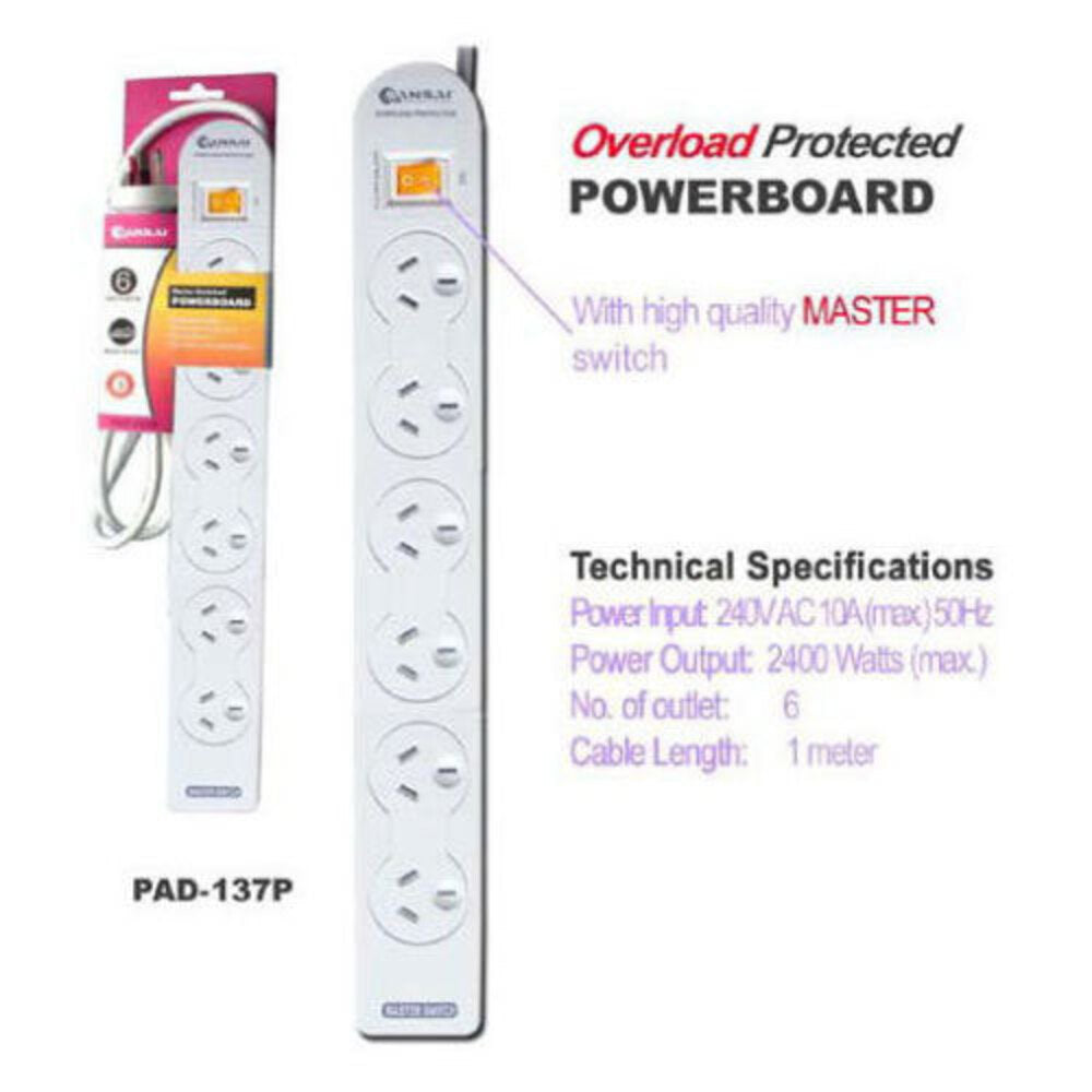 Sansai 6 Way Power Board Outlets/Socket w/ Overload Protection/1m Cord/Lead — image 2