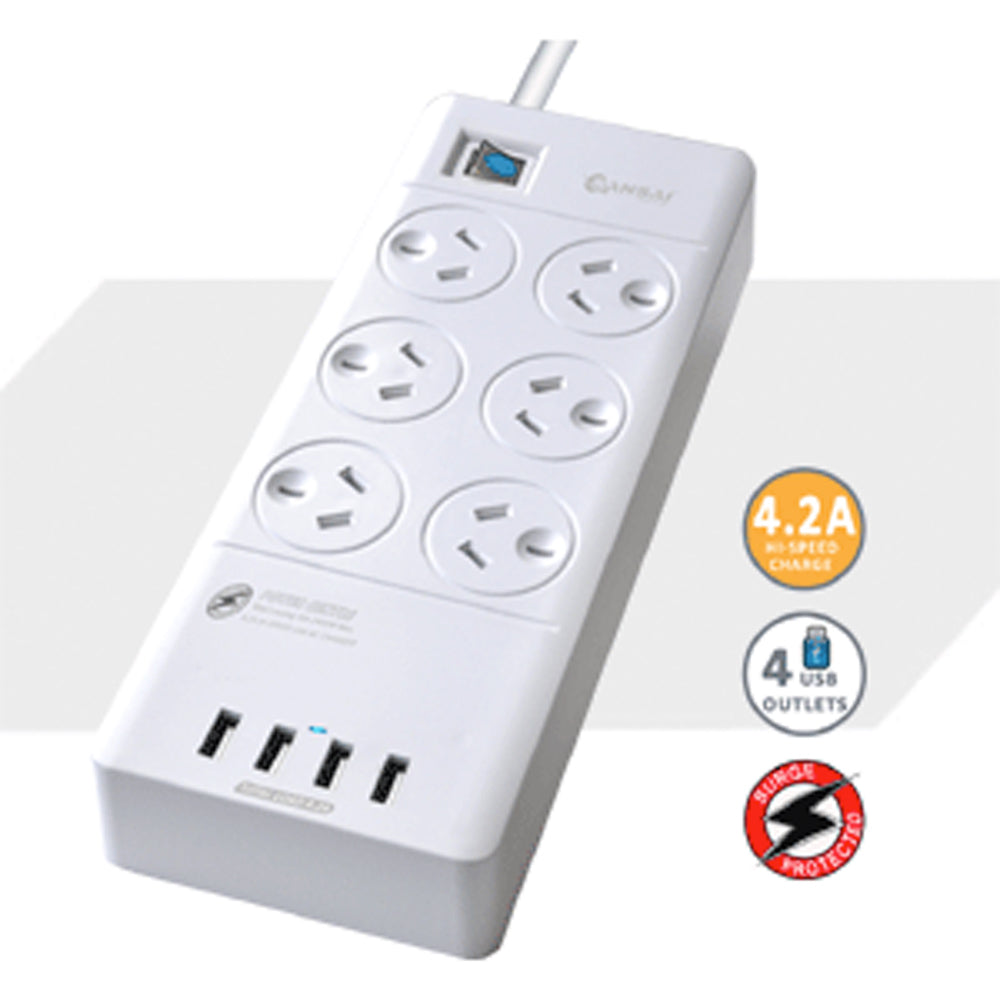 Sansai Power Board 6 Way Outlets Socket 4 Usb Charging Charger Ports w/Surge Protector — image 2
