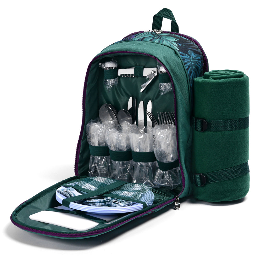 Trailmaster 4 Person Insulated Picnic Padded Backpack w/Cutlery/Glasses/Blanket