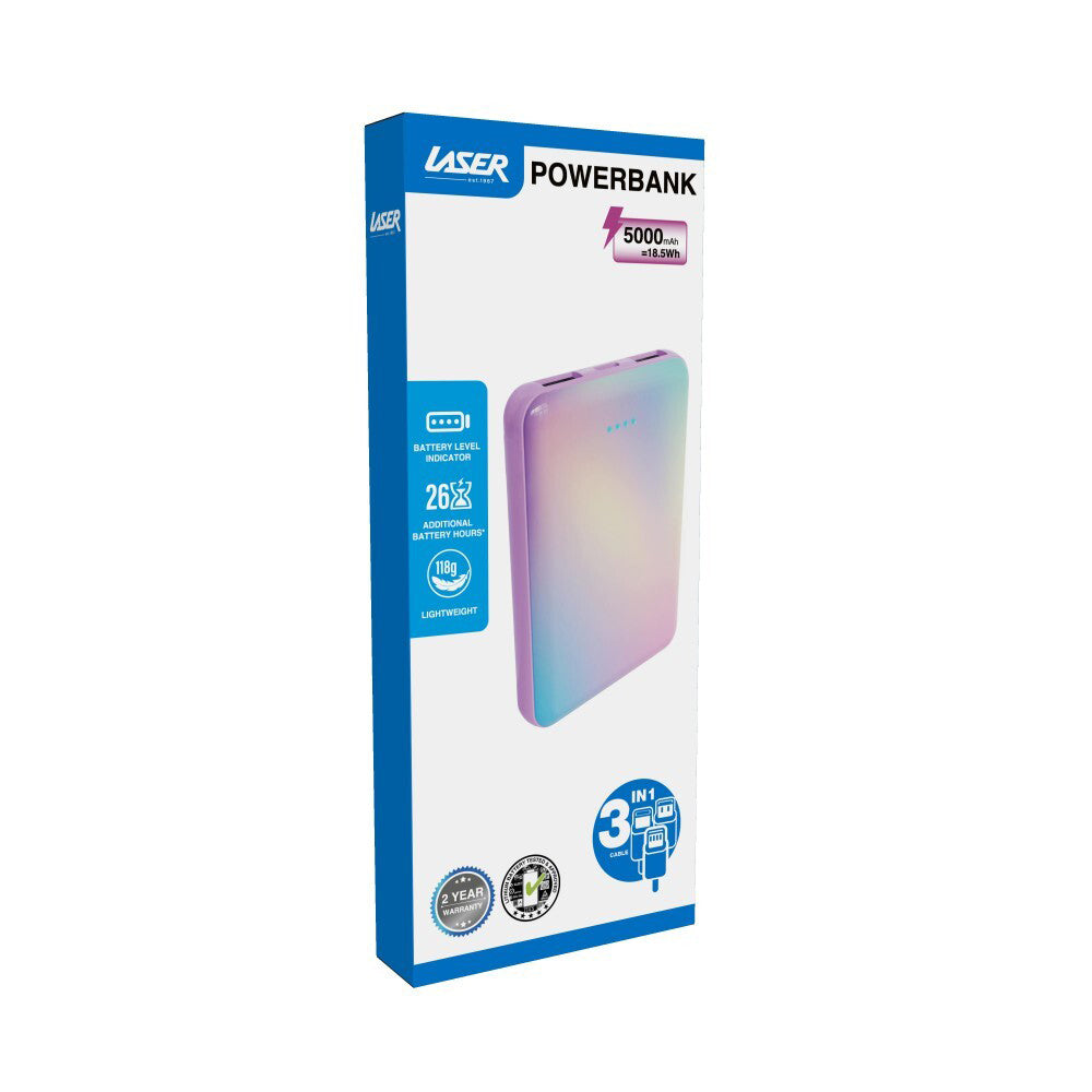 Laser 5000mAh Power Bank Charger w/ 3-in-1 USB-C/8-Pin/microUSB Cable Rainbow — image 2