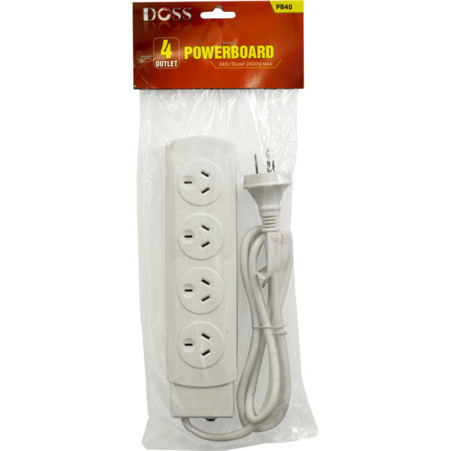 Doss 4-Way 2400W Powerboard 4 Outlets 1m Power Cord w/ Overload Protection White — image 2