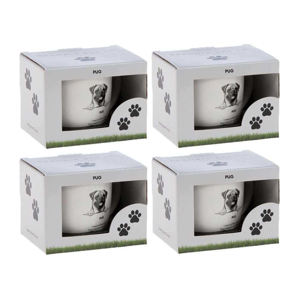 Bramble Bay Pug Dog Print Novelty/Coffee Mug White (4 Pack)