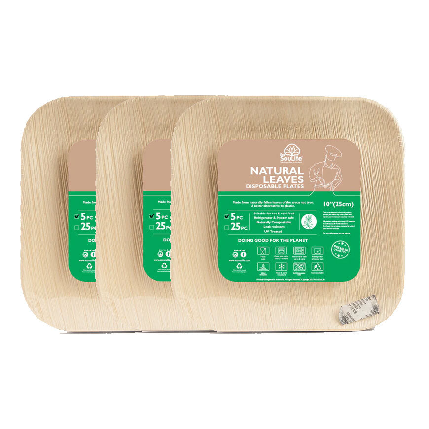 Eco Soulife Compostable Areca Nut Leaf Large Square Plates 25cm (15 Pieces)