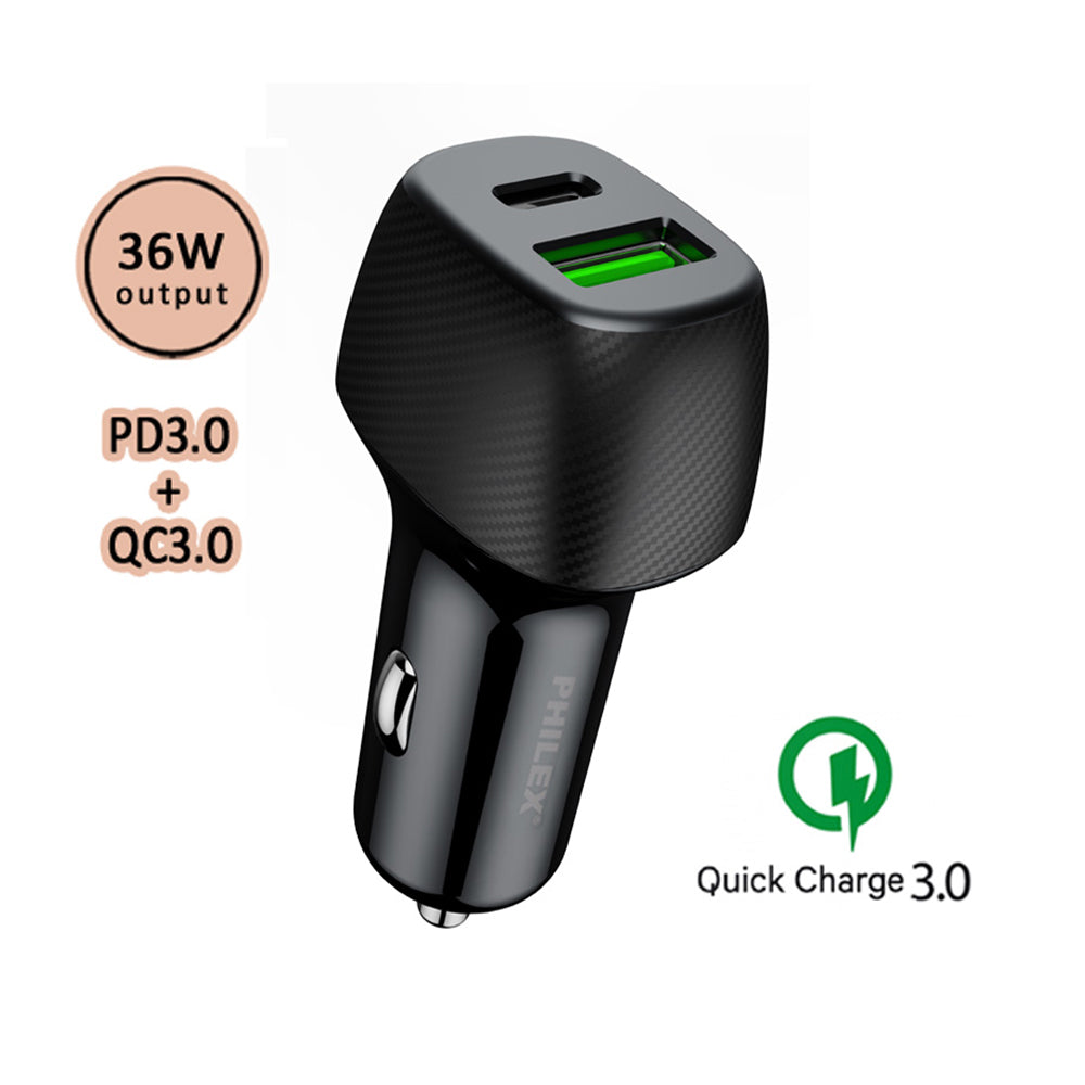 Philex 36W Dual USB-C & USB Ports Car Charger Socket for Phones/Tablets Black — image 2