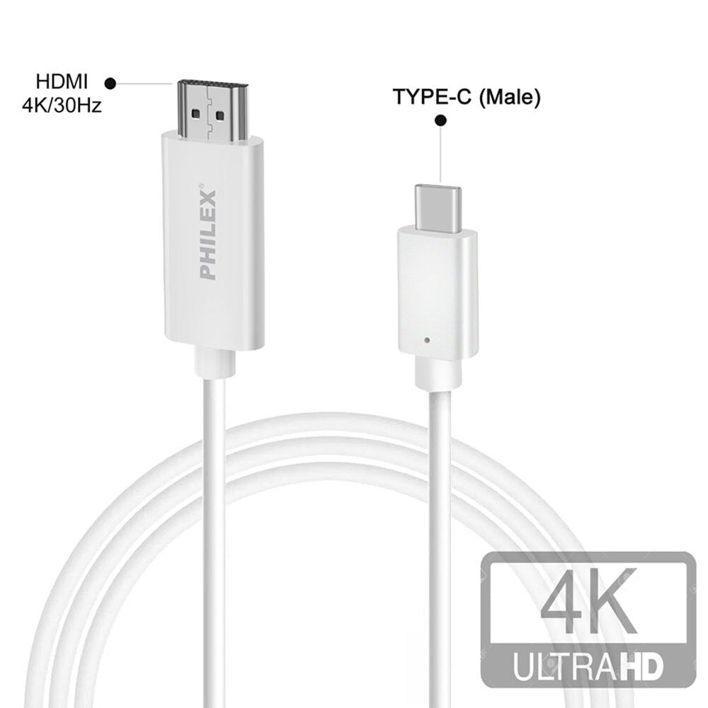 Philex 4K/30Hz USB Type C Male to HDMI 1.8m Cable Ultra HD White for PC/Phones — image 2