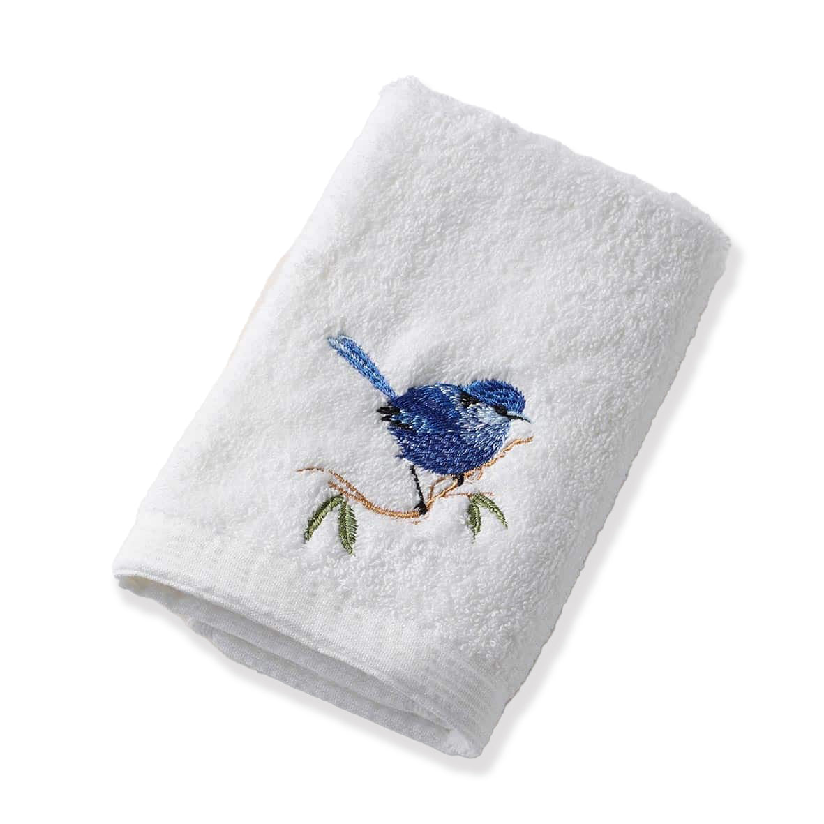 Pilbeam Living Blue Wren 32x32cm Cotton Face Washer Towel Soft Wash Cloth White