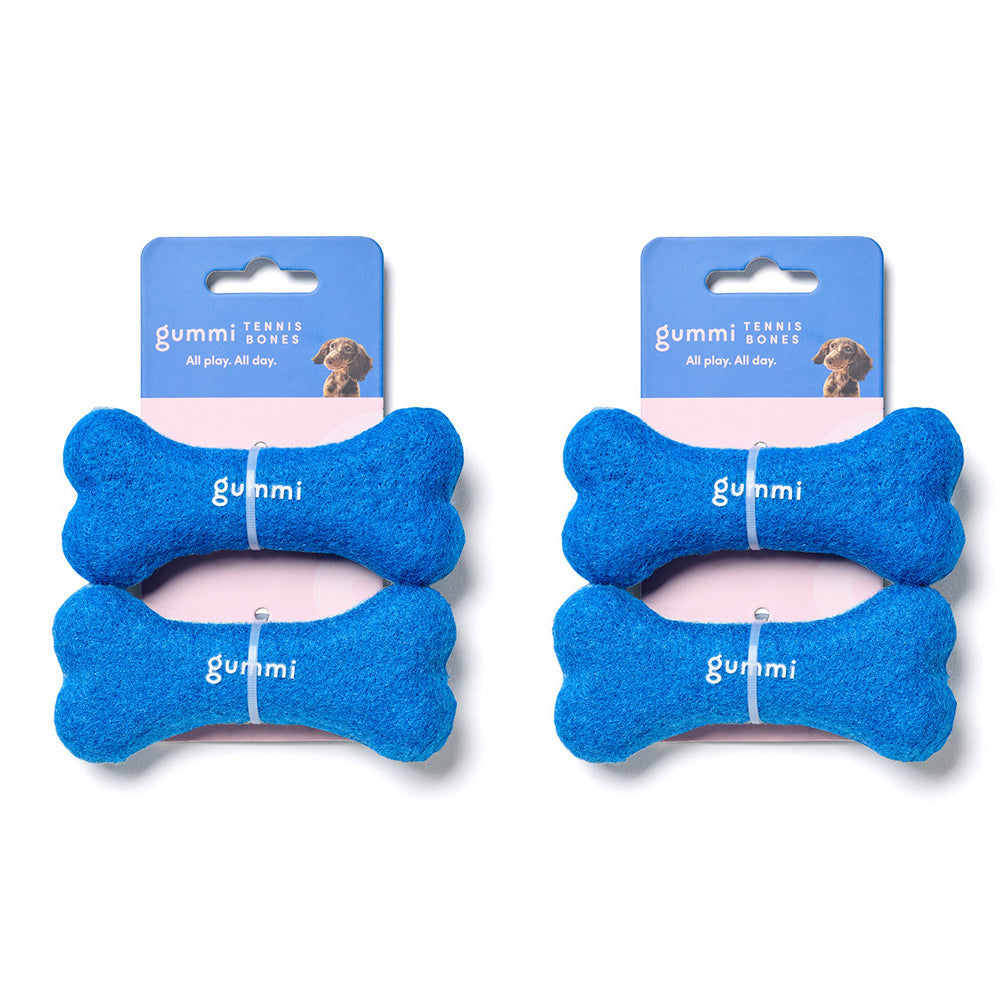 Gummi Dog/Puppy Tennis Bones Soft Plush Toy Squeaker Throw Fetch Small Blue (4 Pack)