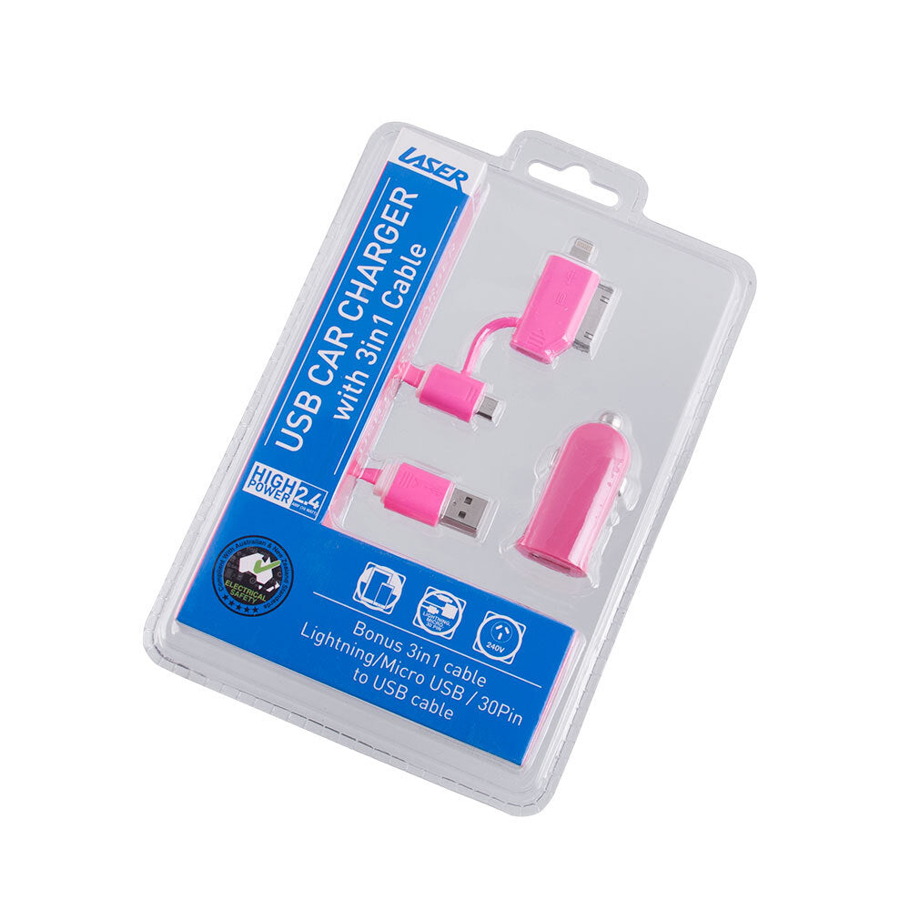 Laser 2.4A USB Car Charger w/ 3in1 Cable Connector Cord For iPhone/Tablet Pink — image 2