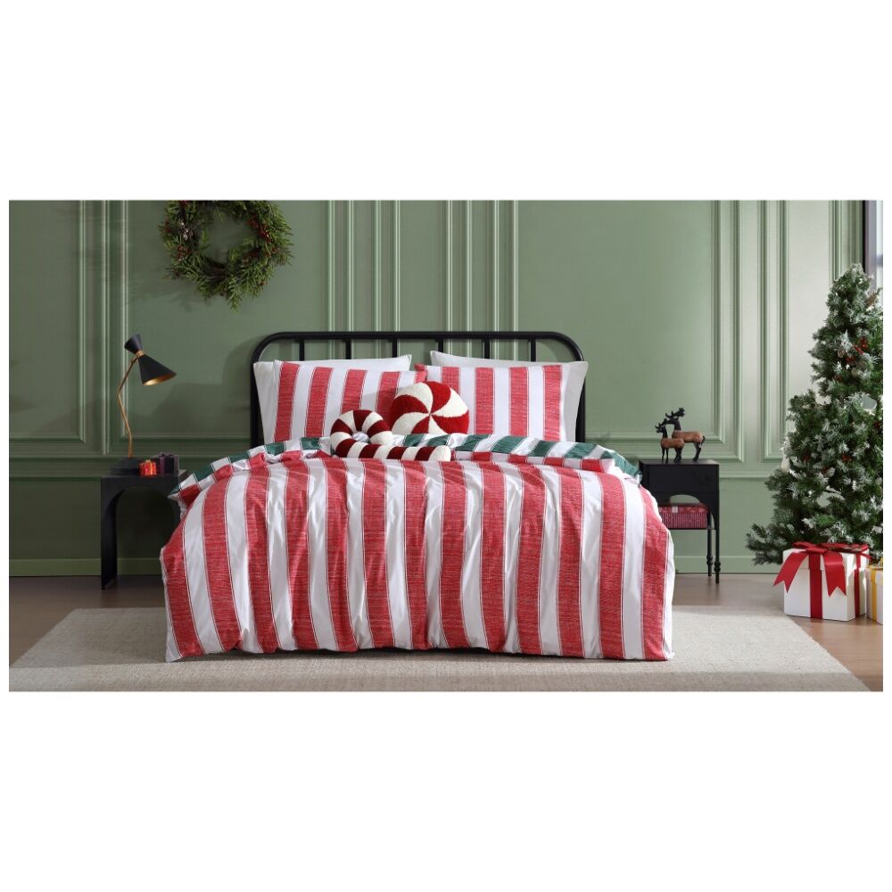 Ardor Reversable Candy Stripe Quilt Duvet Cover Set Christmas Red/Green — image 2
