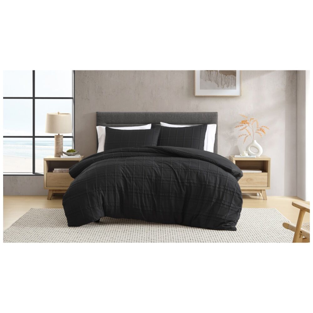 Ardor Subtle Textured Check Leonard Quilt Duvet Cover Set Black