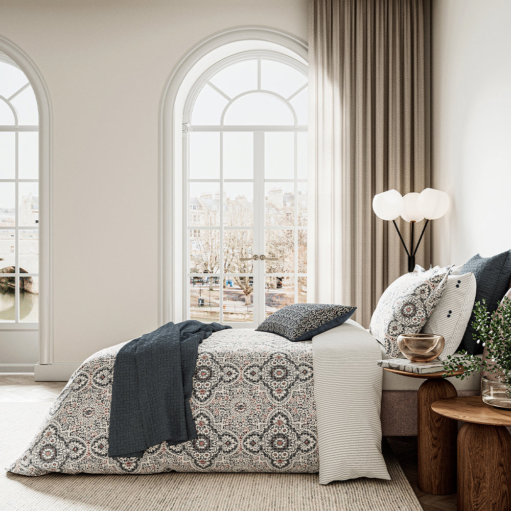 Bedeck Nena Size Queen Bed Duvet Quilt Cover Set With Pillowcases Denim/Coral