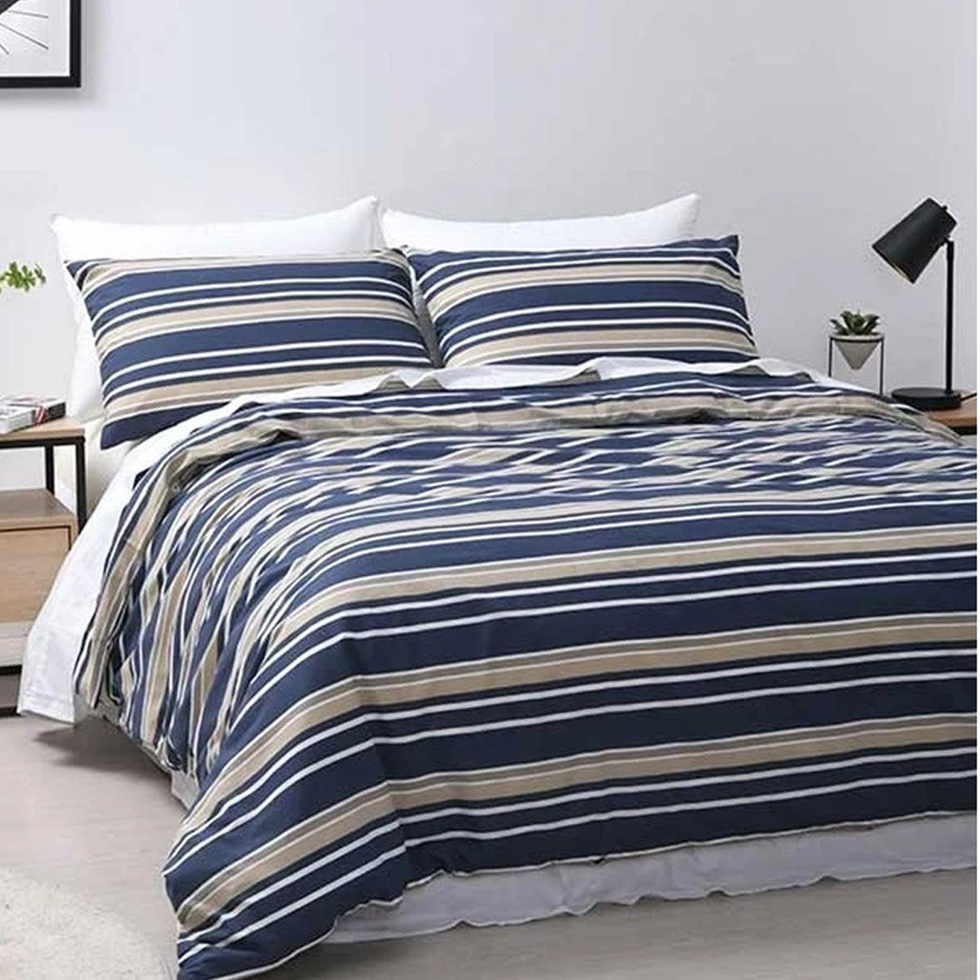 Jason Commercial King Bed Brighton Quilt Cover Set 240x210cm Blue/Oatmeal Stripe — image 3