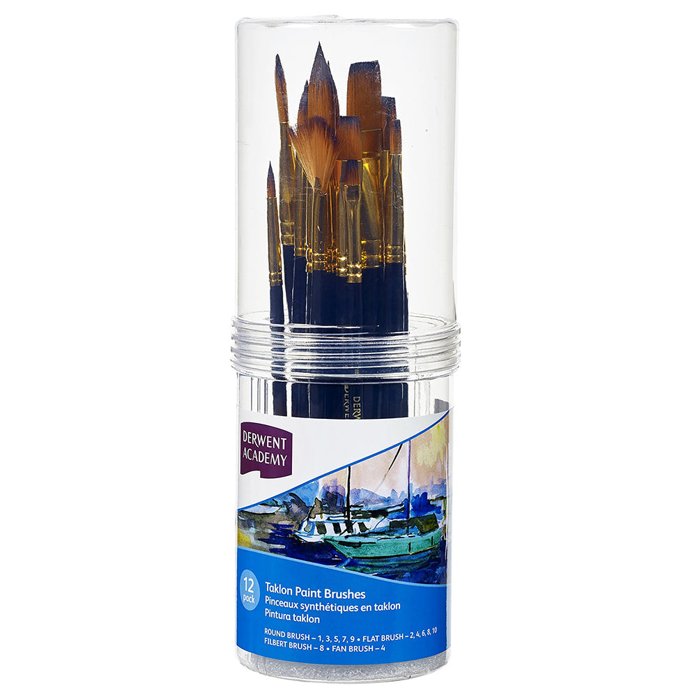 Derwent Academy Synthetic Taklon Small Artist Round/Flat/Filbert Brush Asst (12 Pieces)