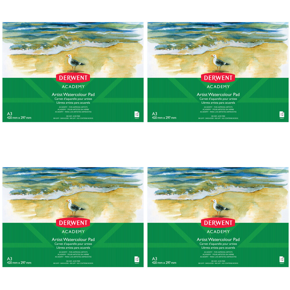 Derwent Academy Watercolour A3 Landscape Paper Pad 12 Sheet 300Gsm (4 Pack)