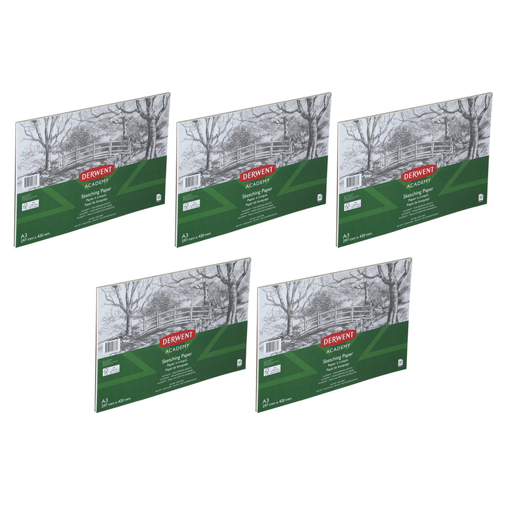 Derwent Academy Art/Craft Sketching Paper Pad A3 Portrait 30 Sheet 100Gsm (5 Pack)