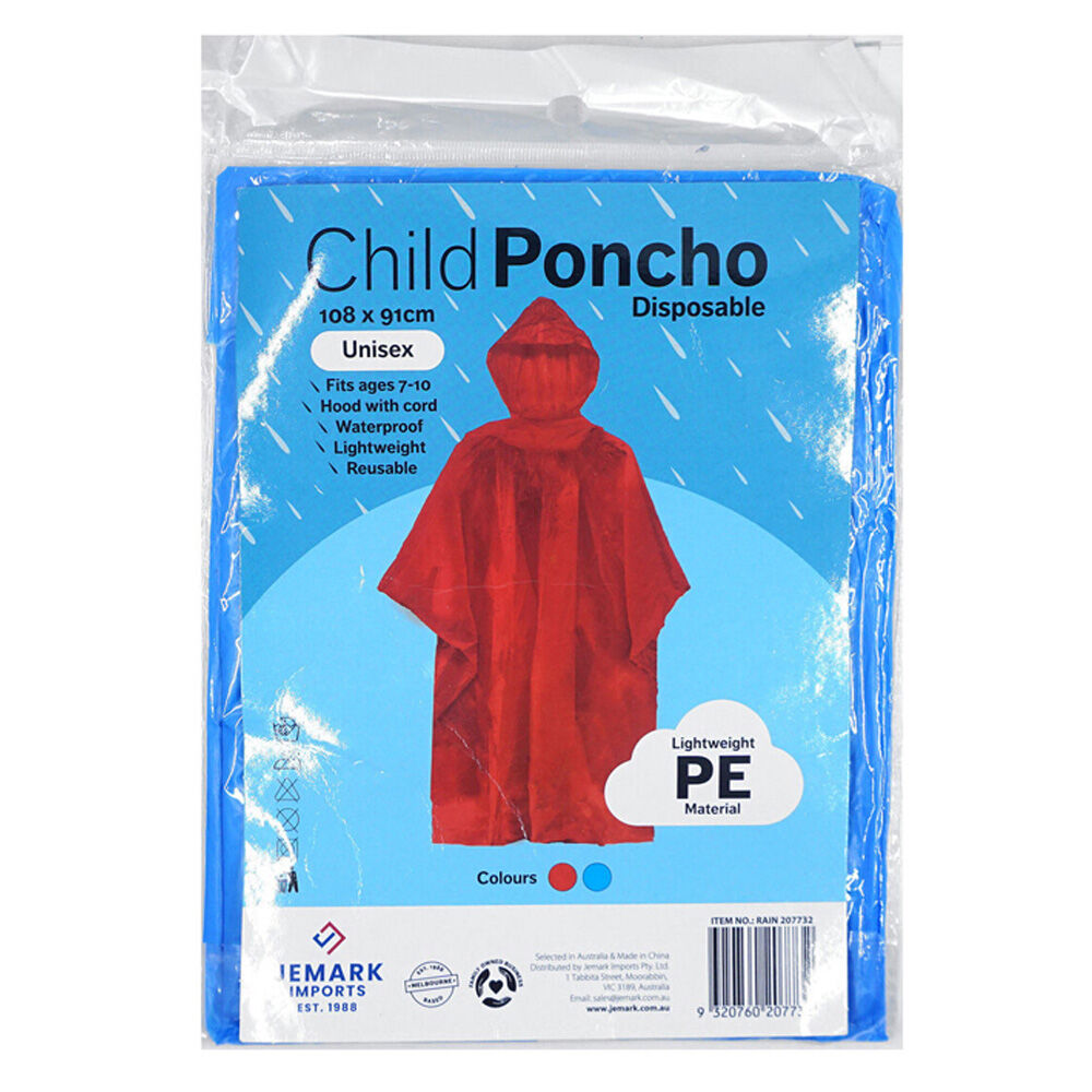 Jemark 108x91cm Childrens Lightweight Waterproof Poncho Rain Cover Assorted