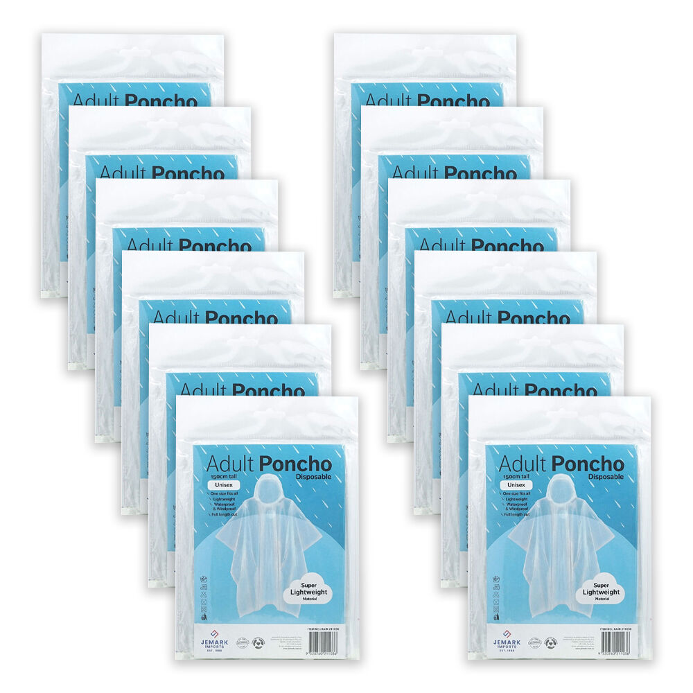 Jemark Adult Lightweight Waterproof Poncho Rain Cover 150cm Clear (12 Pack)