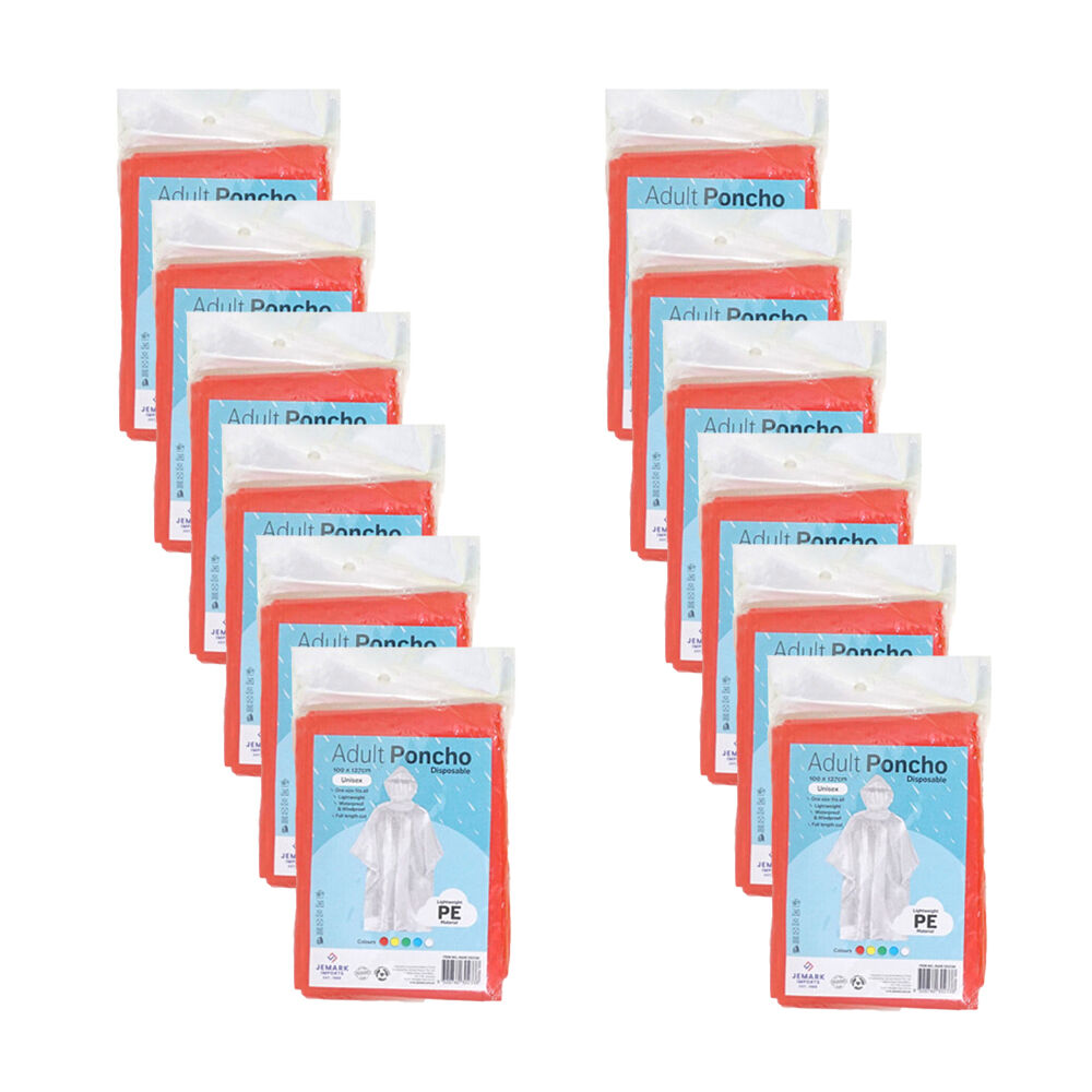 Jemark Adult Disposable Waterproof Poncho Rain Cover 100x127cm Assorted (12 Pack)