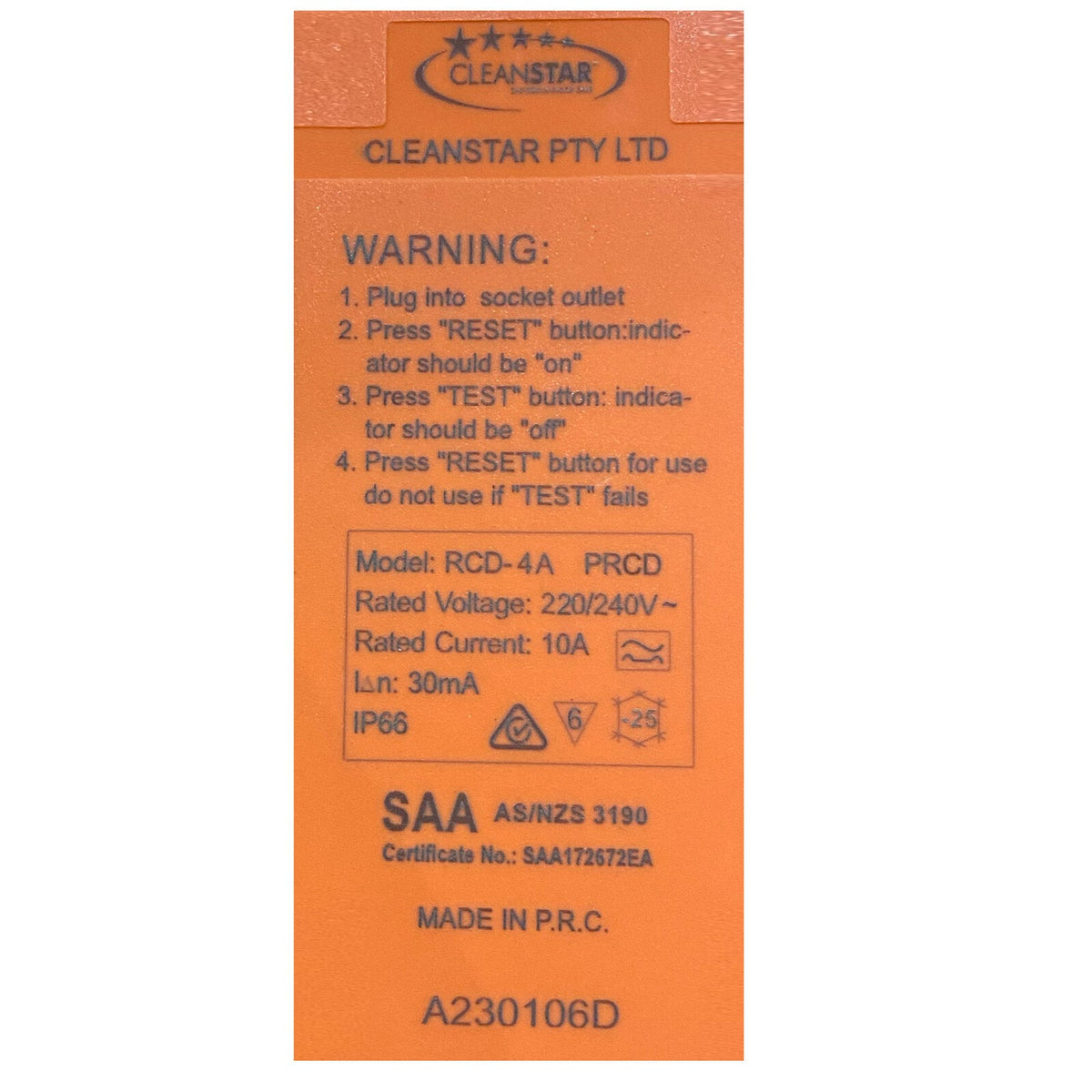 Cleanstar 20m Rubber Extension Cable Lead w/ In-line RCD Safety Switch Orange — image 2