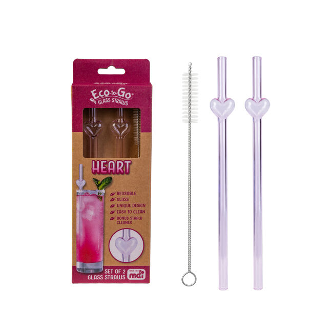 Eco-To-Go Glass Straw Heart Shaped Reusable with Cleaner Set (2 Pieces)
