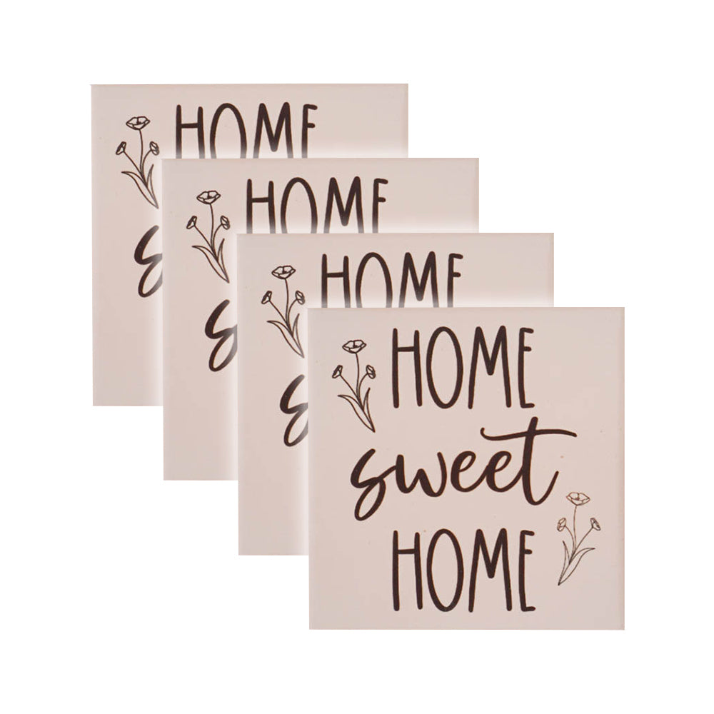 Rayell Ceramic Printed Coaster Home Sweet Home Drink Glass Holder Set (4 Pieces) — Beige