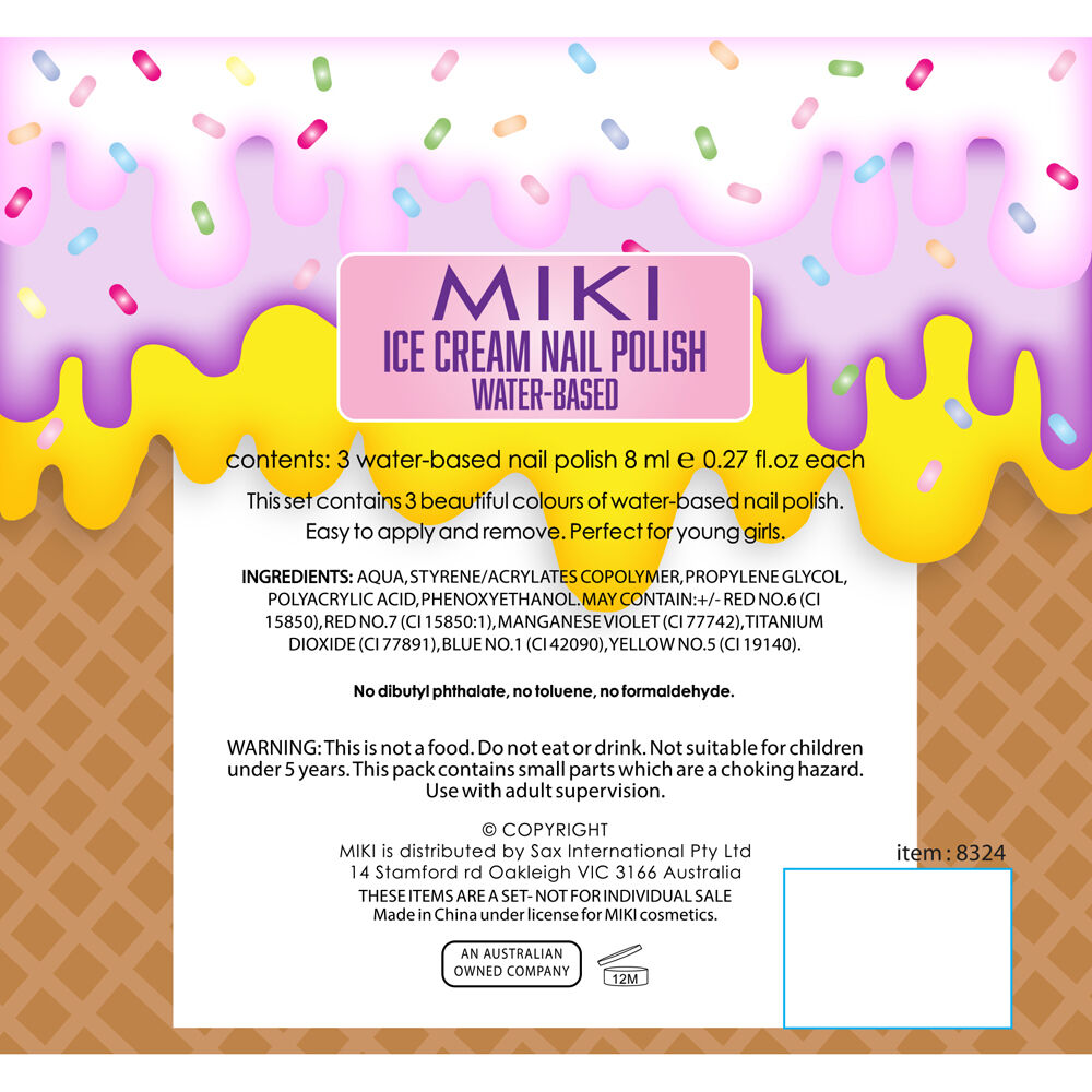 Miki Water Based Ice Cream Nail Polish 5y+/8mL Multi Coloured (3 Pieces) — image 2
