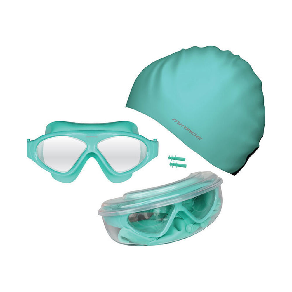 Mirage Bondi Ocean Goggles/Swim Cap/Ear Plugs Swimming Pack — Aqua