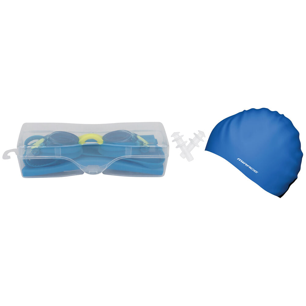 Mirage Junior Kids Goggles/Swim Cap/Ear Plugs Swimming Pack — Blue