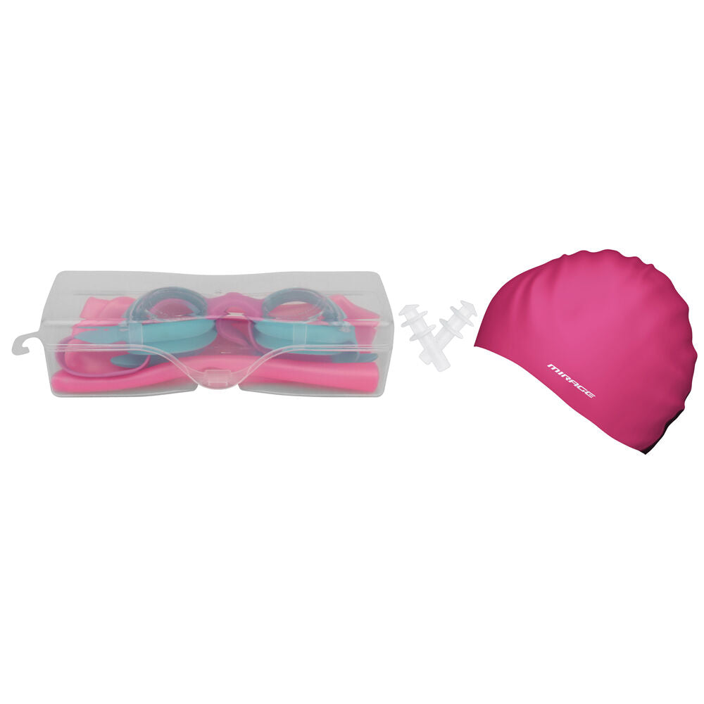 Mirage Junior Kids Goggles/Swim Cap/Ear Plugs Swimming Pack — Pink