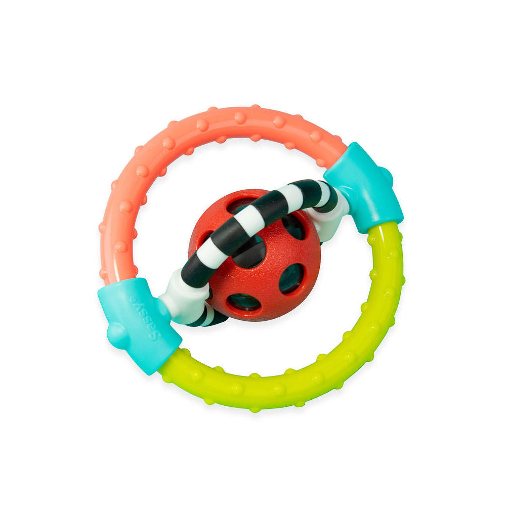 Sassy Baby Spin & Chew Ring Rattle Baby Teething Interactve Fun Play Toy 3m+