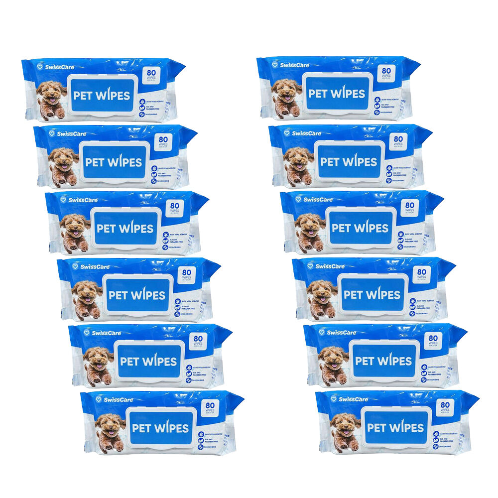Swisscare 80pc SwissCare Disposable Pet Cleaning Wipes 20x20cm Aloe Vera Scented (12 Pack)
