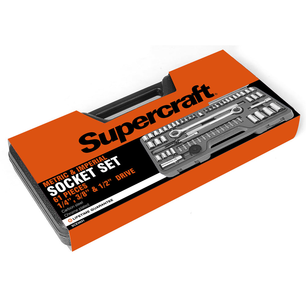 Supercraft 1/4" 3/8" & 1/2" Drive Metric And Imperial Socket Set With Case (61 Pieces)