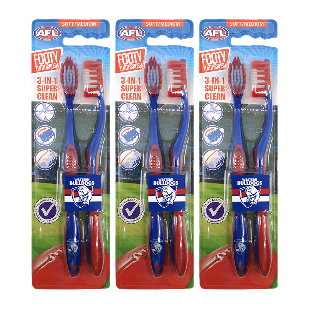 Afl 2pc AFL Soft/Medium Toothbrush Oral Care Western Bulldogs Kids/Adults 6y+ (3 Pack)