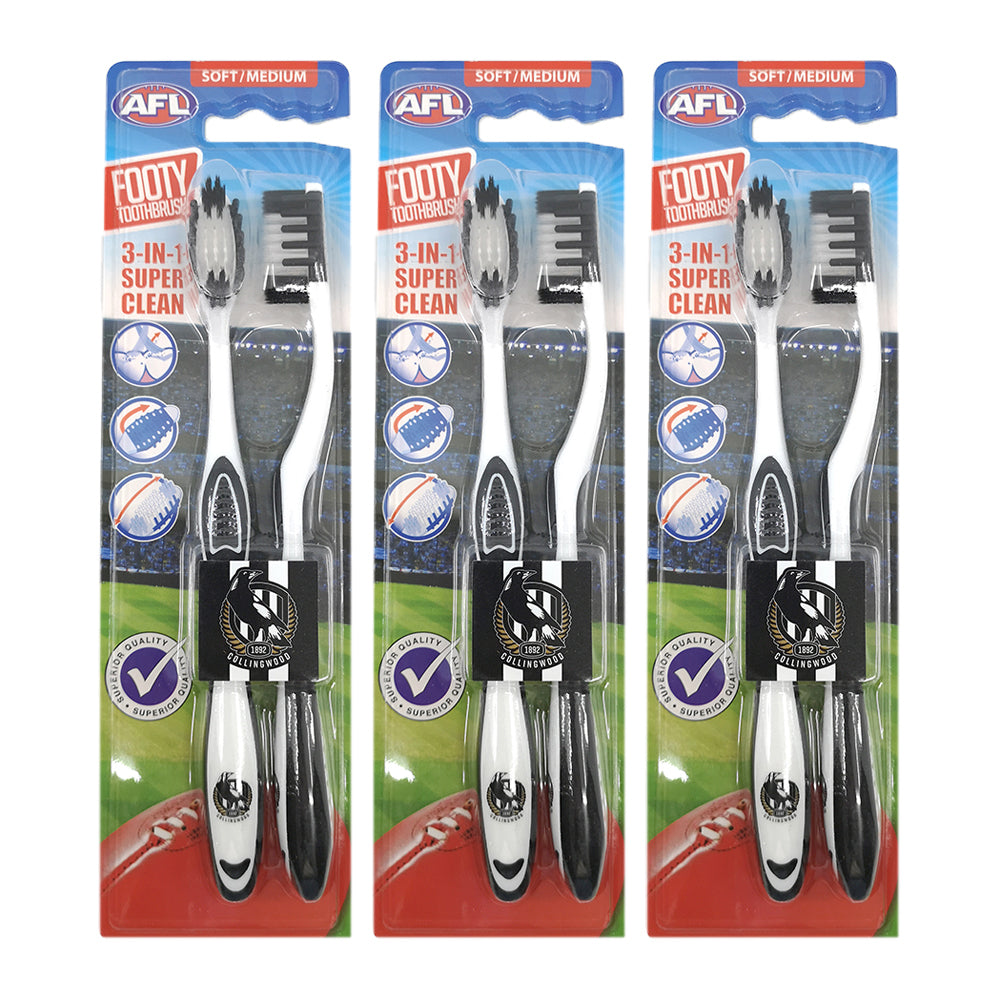 Afl 2pc AFL Soft/Medium Toothbrush Oral Care Collingwood Magpies Kids/Adults 6y+ (3 Pack)
