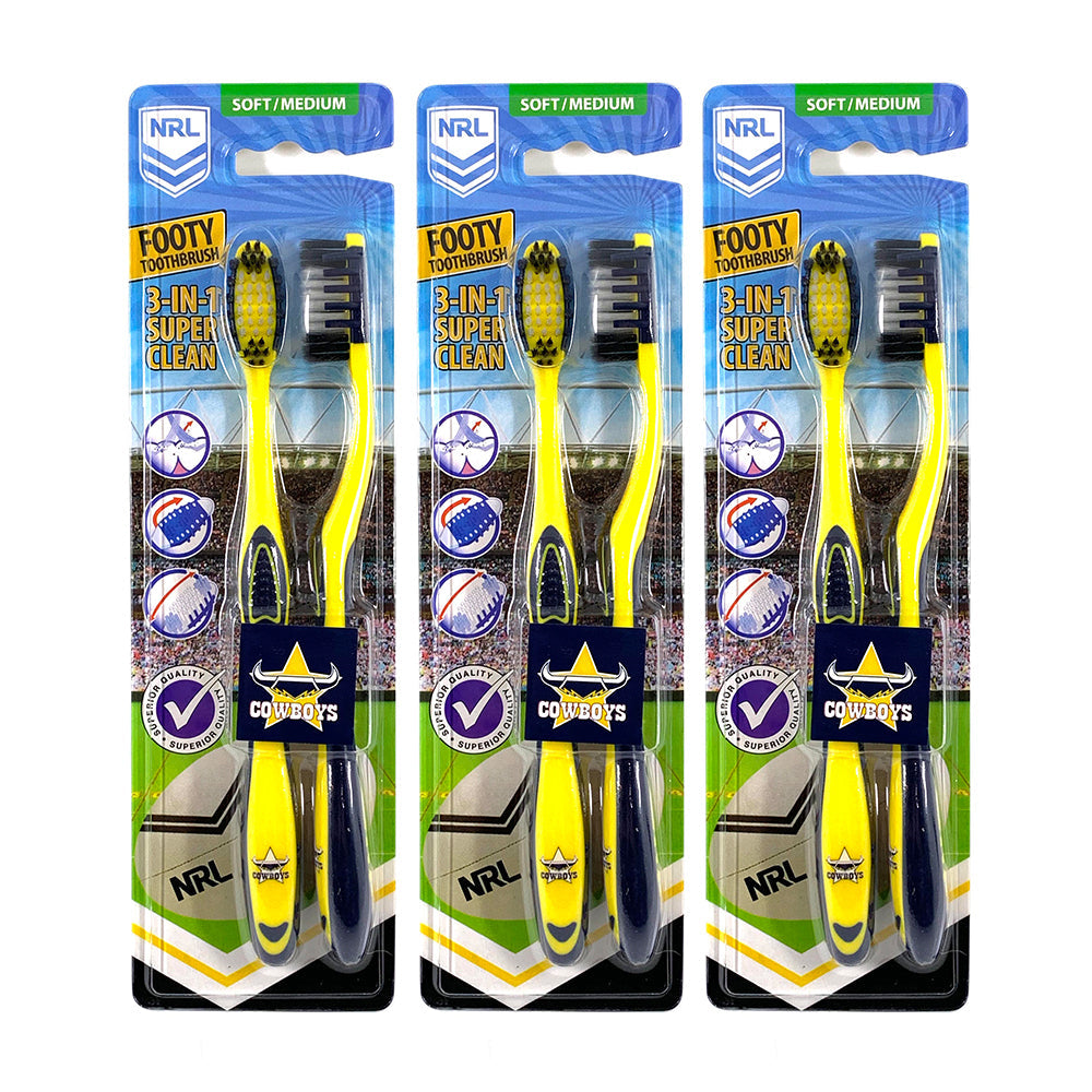 NRL 2pc NRL North Queensland Cowboys Soft/Medium Toothbrush Kids/Adults 6y+ (3 Pack)
