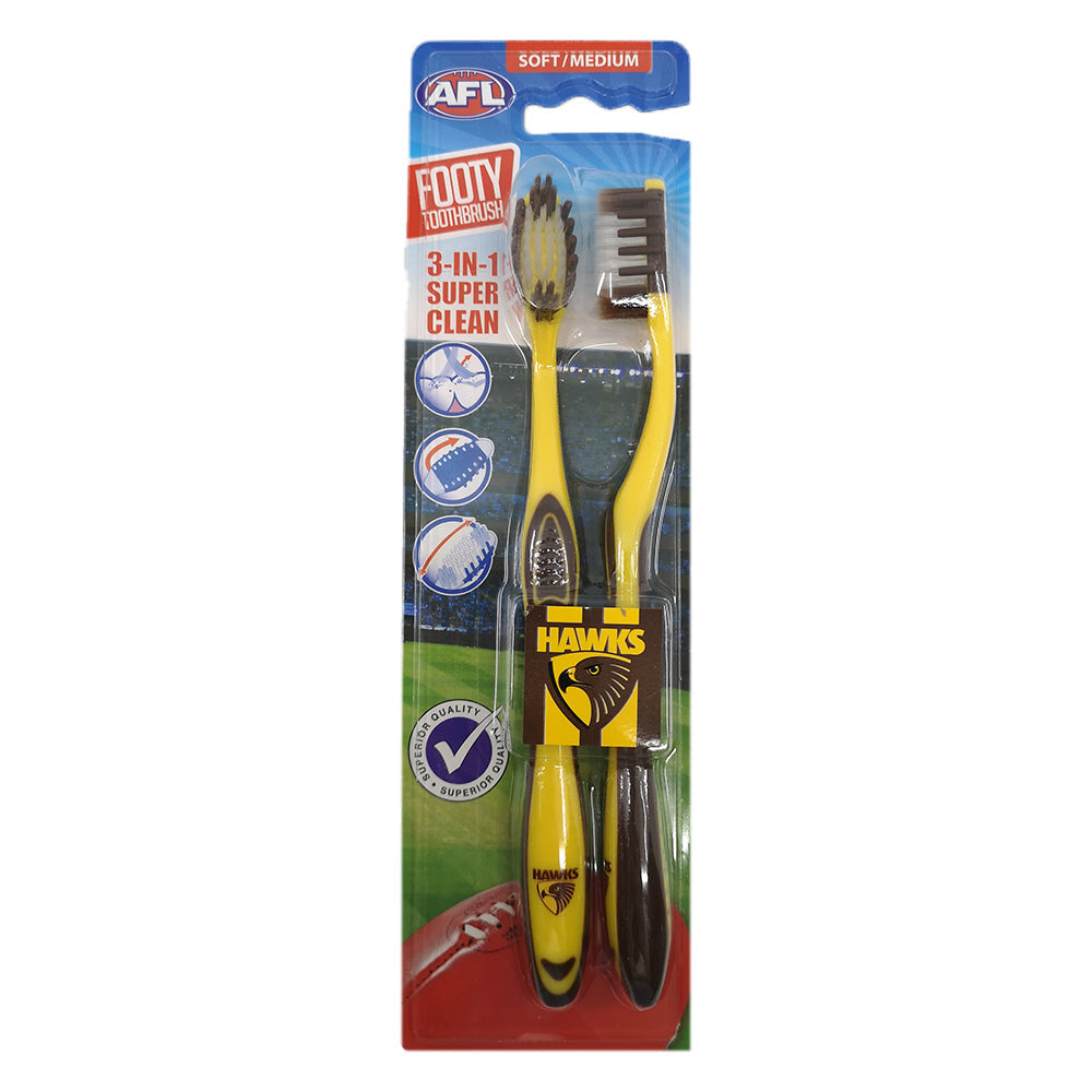 Afl 2pc AFL Soft/Medium Toothbrush Oral Care Hawthorn Hawks Kids/Adults 6y+ (3 Pack) — image 2