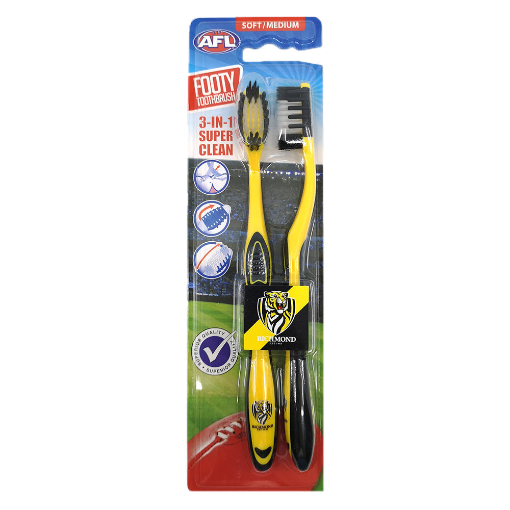 Afl 2pc AFL Soft/Medium Toothbrush Oral Care Richmond Tigers Kids/Adults 6y+ (3 Pack) — image 2